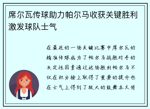 席尔瓦传球助力帕尔马收获关键胜利激发球队士气