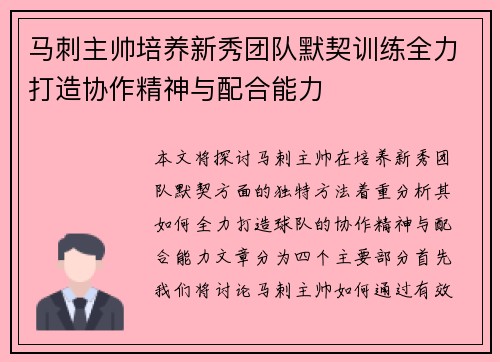 马刺主帅培养新秀团队默契训练全力打造协作精神与配合能力