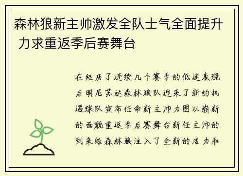 森林狼新主帅激发全队士气全面提升 力求重返季后赛舞台