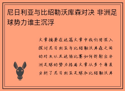 尼日利亚与比绍勒沃库森对决 非洲足球势力谁主沉浮