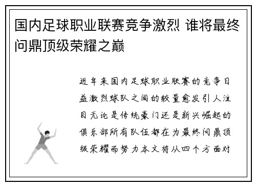 国内足球职业联赛竞争激烈 谁将最终问鼎顶级荣耀之巅