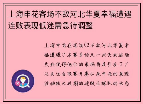 上海申花客场不敌河北华夏幸福遭遇连败表现低迷需急待调整