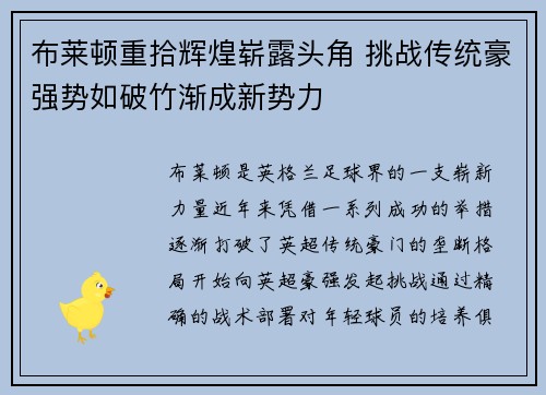 布莱顿重拾辉煌崭露头角 挑战传统豪强势如破竹渐成新势力