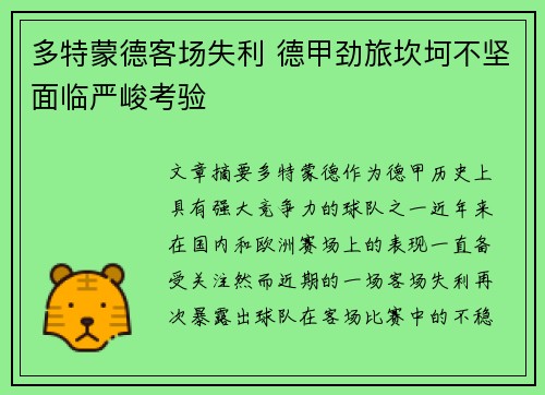多特蒙德客场失利 德甲劲旅坎坷不坚面临严峻考验