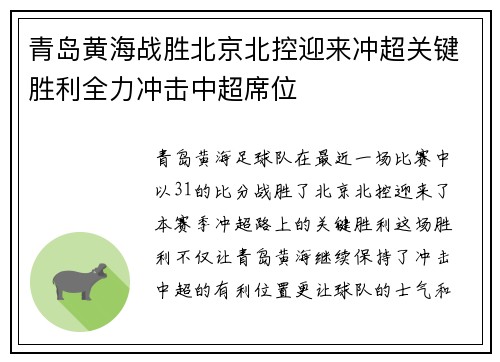 青岛黄海战胜北京北控迎来冲超关键胜利全力冲击中超席位