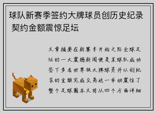 球队新赛季签约大牌球员创历史纪录 契约金额震惊足坛