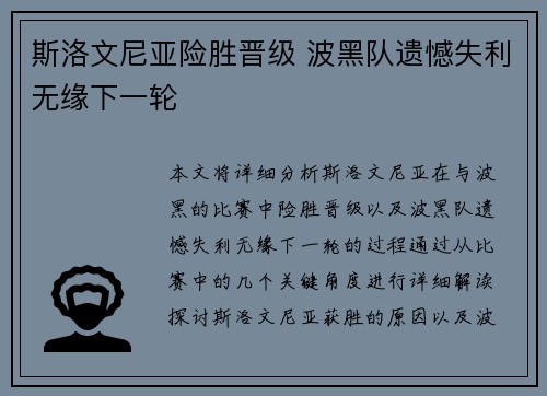 斯洛文尼亚险胜晋级 波黑队遗憾失利无缘下一轮