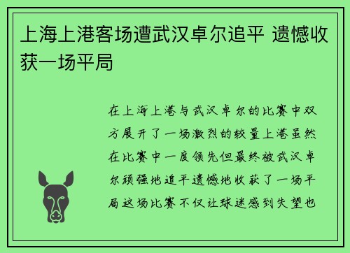 上海上港客场遭武汉卓尔追平 遗憾收获一场平局