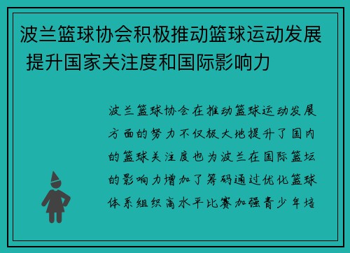 波兰篮球协会积极推动篮球运动发展 提升国家关注度和国际影响力