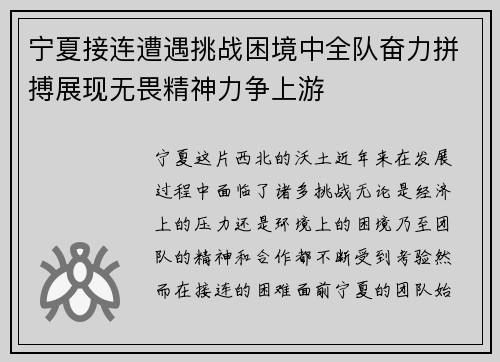 宁夏接连遭遇挑战困境中全队奋力拼搏展现无畏精神力争上游